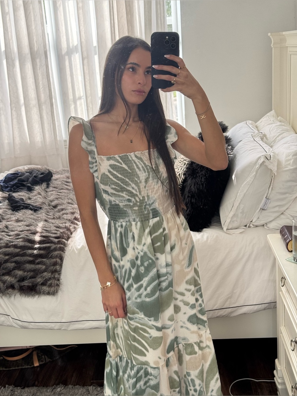 LUSH Printed Smocked Ruffle Midi Dress (NWT)